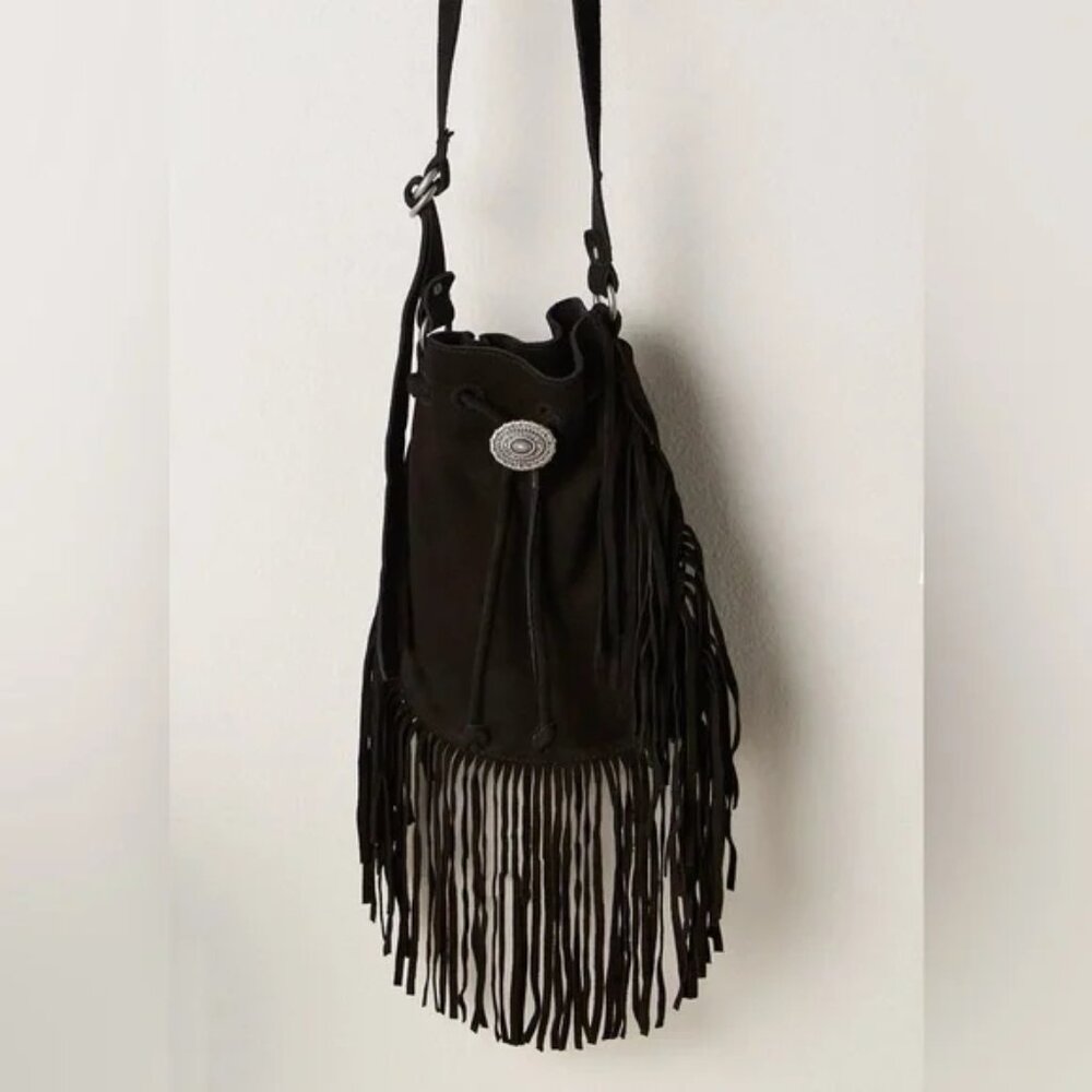 Free People Calamity Fringe Crossbody Bag Black Suede Western Country Cottage
